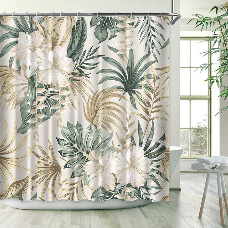 Bayou Breeze Summer Bathroom Decorative Tropical Shower Curtain, Sage Green Palm Leaf Hibiscus